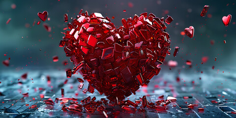 Shattered red heart exploding into fragments, symbolizing broken love or emotional pain.