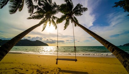 Tropical beach swing at sunset