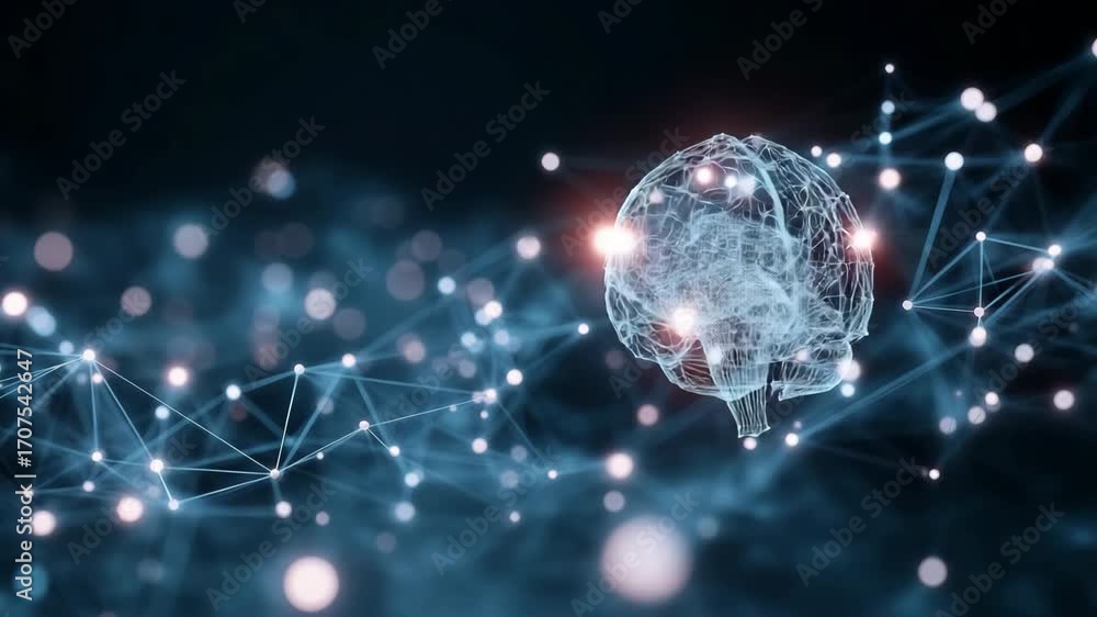 Poster A brain is shown in a blue background with a lot of dots. The brain is surrounded by a lot of lines and dots, giving it a very complex and intricate appearance. Concept of intelligence and complexity
