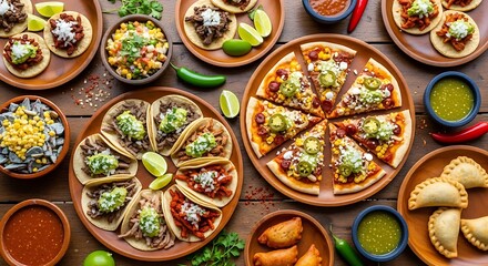 A high-angle view of a diverse array of Mexican dishes, including various tacos, pizza, and empanadas, presented on terracotta-colored plates, arranged attractively on a rustic wooden surface.