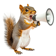 Fototapeta premium Squirrel holds megaphone,PNG,transparent background,clipart,concept of animal advertising