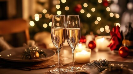 Celebration with sparkling drinks and decorations near a Christmas tree during a festive gathering in the evening