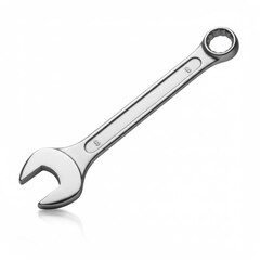 Chrome open-end and box-end combination wrench tool lying on white background, used for mechanical and repair tasks.

