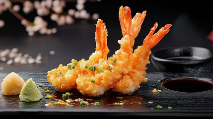 A beautifully plated dish of crispy tempura shrimp, served with wasabi, ginger, and a dark dipping sauce, adorned with delicate floral elements in the background.