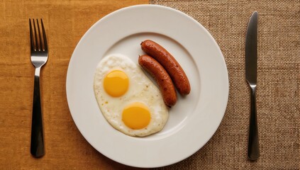 A plate with two fried eggs and two sausage links, set on a textured golden tablecloth