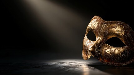 Elegant Gold Venetian Mask on Dark Background Dramatic Lighting Carnival Costume Accessory