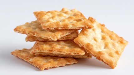 Golden Stack: Crispy Crackers Piled High on a Bright White Background