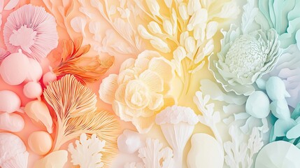 A vibrant arrangement of intricate paper flowers and botanical shapes in pastel colors, creating a modern, artistic display.