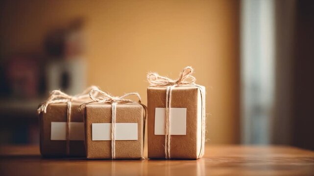 Three kraft paper gift boxes with blank white labels sit on a wooden table against a blurred background of a homey space.
