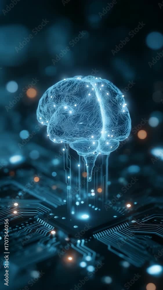 Poster a computer chip with a brain on top of it. the brain is blue and the chip is black