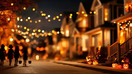 Magical Halloween Night Children Trick or Treating on a Festive Street with Illuminated Houses and