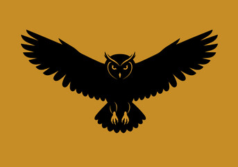 Black owl with open wings centered on a solid goldenrod backdrop