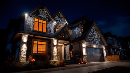 Spooky Halloween Night House Decorated with Illuminated Spiderwebs and Pumpkins