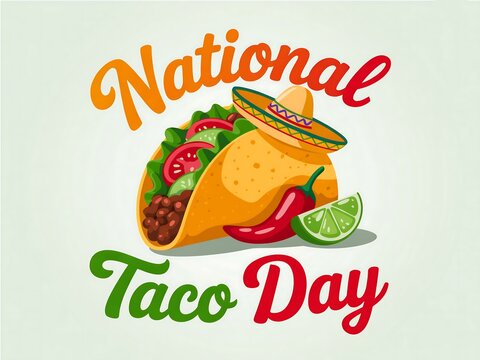 Gradient background of celebrate national taco day with a delicious taco and traditional sombrero