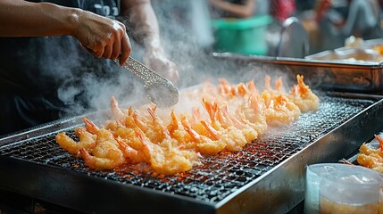 A vendor grills shrimp on a bustling street, surrounded by steam and smoke, creating an enticing aroma that attracts hungry patrons.