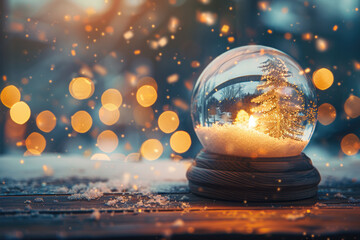 A magical snow globe on a wooden table, soft warm lighting, cinematic winter vibes, falling snow inside, cozy atmosphere