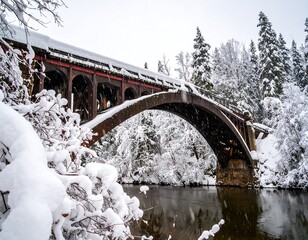 Snowy bridge over a wintery river