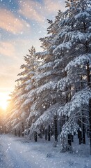 A wintry forest scene at sunset, showcasing snow-covered pine trees and falling snowflakes, creating a serene and peaceful atmosphere.