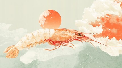 A stylized shrimp illustration with a serene backdrop featuring a sun and clouds, creating a tranquil atmosphere.