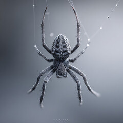 Detailed close-up of a spider hanging in its web, eerie, macro photography, dark and moody.