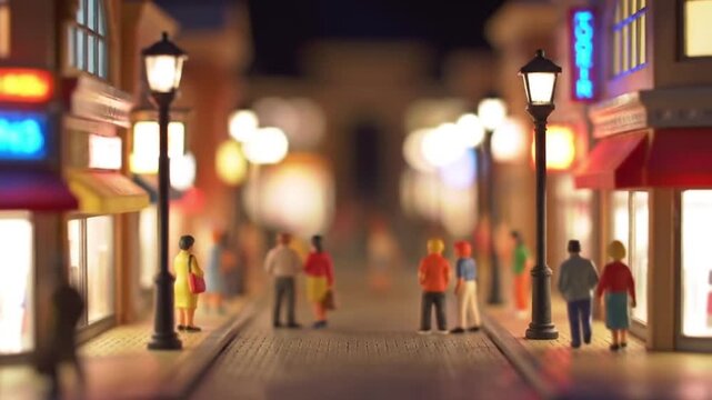 Miniature street scene with colorful shops and tiny people walking, illuminated by street lamps at night