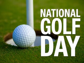 Gradient background of golf ball near the hole with national golf day text on green grass field