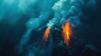 Dramatic underwater volcanic eruption, glowing lava contrasting with dark ocean depths, cinematic nature photography, mysterious atmosphere