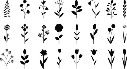 Black flower silhouettes, floral vector icons, nature symbols, plant illustrations, decorative flower designs, botanical elements, leaves, stems, buds, petals