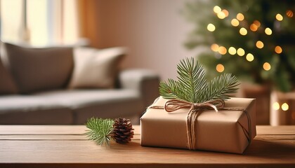 Eco-friendly Christmas gift wrapped in kraft paper with twine and pine branch on wooden table, festive holiday decoration with warm bokeh lights in background.