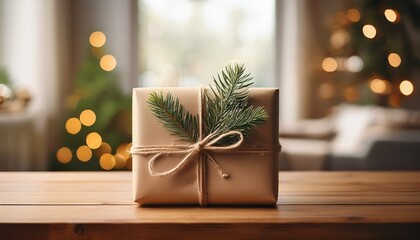 Eco-friendly Christmas gift wrapped in kraft paper with twine and pine branch on wooden table, festive holiday decoration with warm bokeh lights in background.