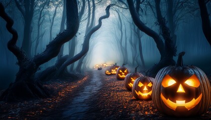 Glowing jack-o’-lanterns illuminate a misty forest trail, creating a spooky Halloween atmosphere with eerie carved faces and dark mysterious trees.