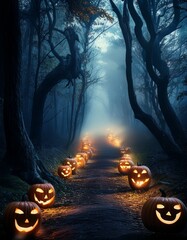 Glowing jack-o’-lanterns illuminate a misty forest trail, creating a spooky Halloween atmosphere with eerie carved faces and dark mysterious trees.