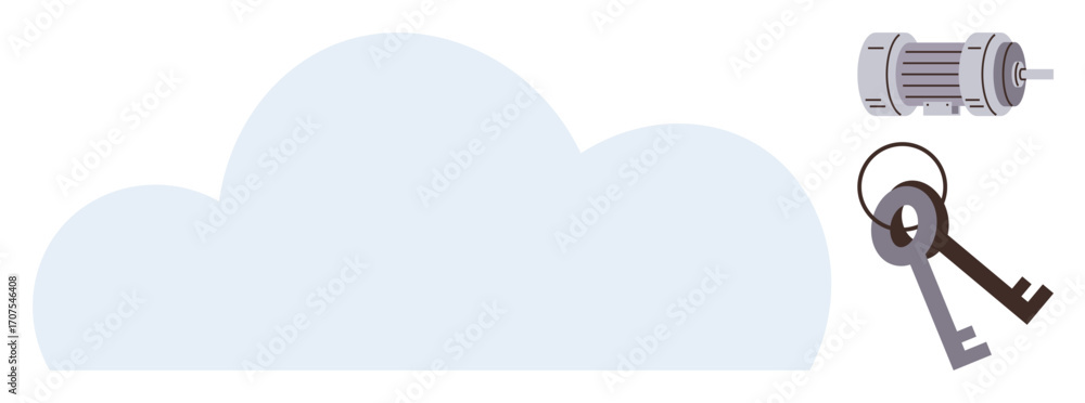 Poster large cloud shape, motor-thumbs up server element, and keychain with keys emphasizing digital data s