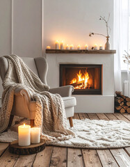 Warm cozy living room interior featuring fireplace, armchair, and candles in winter season