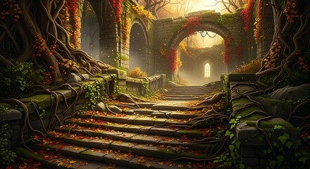 A decaying stone structure, overgrown with foliage, bathed in autumnal light, evokes a sense of peaceful solitude.