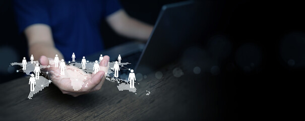 Customer Relationship Management, HR solution, and global teamwork technology for corporate communication and management. Business concept with digital human icons connected on world map network.