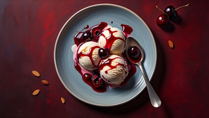 Delicious vanilla ice cream scoops topped with sweet cherry sauce and fresh cherries on a plate