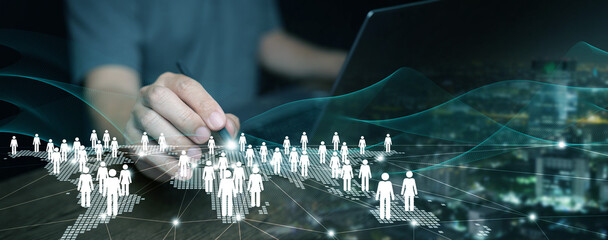 CRM, HR solutions, corporate communication, teamwork, and international collaboration. Business technology concept with digital human icons connected on global map network,