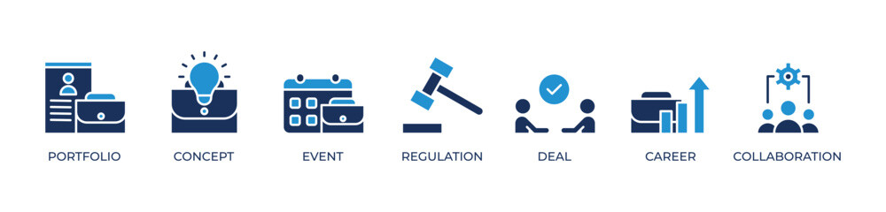 Strategic Career Growth Icons set vector illustration blue with Portfolio, Concept, Event, Regulation, Deal, Career, Collaboration