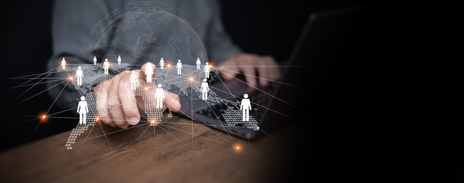Business technology with digital human icons connected on world map, symbolizing CRM, HR, corporate communication, teamwork, and global networking for modern organizations.