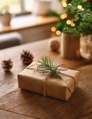 Eco-friendly Christmas gift wrapped in kraft paper with twine and pine branch on wooden table, festive holiday decoration with warm bokeh lights in background.