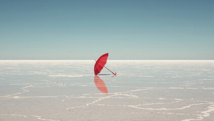 A solitary red umbrella stands on a vast white salt flat under a clear blue sky, creating a striking visual contrast