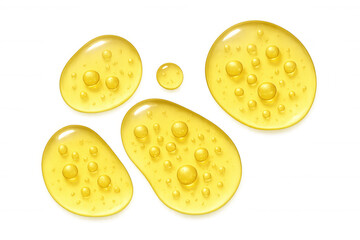 Fototapeta premium Realistic vector illustration of yellow viscous liquid drops with bubbles on transparent background, suitable for cosmetics or food products