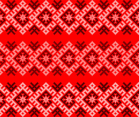 Ukrainian ethnic ornament vector, red and black cross-stitch seamless pattern, traditional vyshyvanka embroidery, folk art border for print, fabric, clothing, website, banner, background