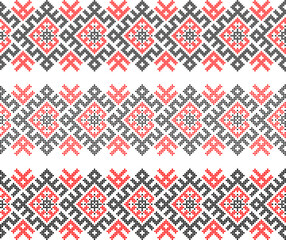 Ukrainian ethnic ornament vector, red and black cross-stitch seamless pattern, traditional vyshyvanka embroidery, folk art border for print, fabric, clothing, website, banner, background