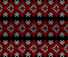 Ukrainian ethnic ornament vector, red and black cross-stitch seamless pattern, traditional vyshyvanka embroidery, folk art border for print, fabric, clothing, website, banner, background