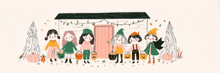 Fototapeta premium Excited children dressed in festive Halloween costumes gather outdoors, joyfully holding candy buckets, surrounded by autumn decorations near a quaint house