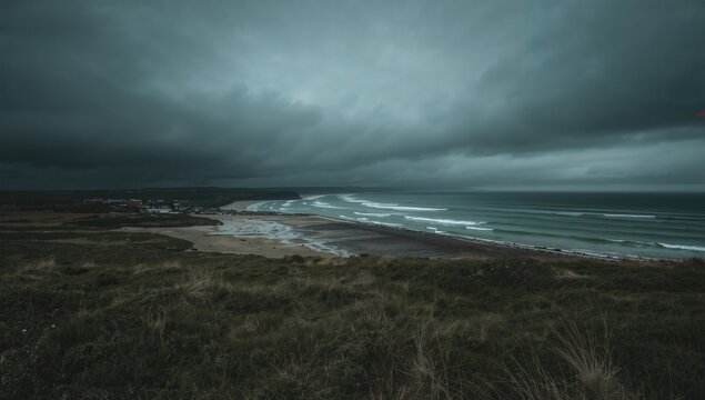 A stormy coastal scene where dark clouds loom over waves crashing onto a rocky shore with sandy beach - Powered by Adobe