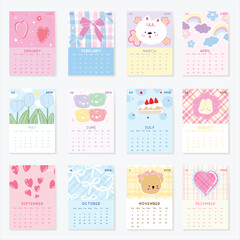 2026 Monthly calendar 12 months template. Cute design layout calendar week starts on sunday with heart, ribbon, dog, bear, cake, flower on colorful background. Use for New year, business, print.
