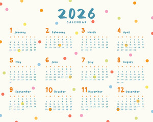 2026 Monthly calendar 12 months template. Cute design layout calendar week starts on sunday with dot pattern on beige background. Use for New year, business, print, advertisement, organization.